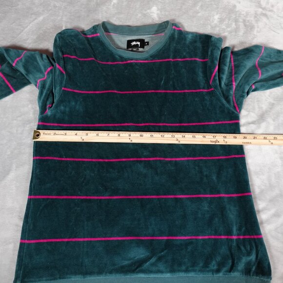 Stussy Velour Striped Sweatshirt Mens Small Crewneck Streetwear Green Pink - Picture 7 of 9